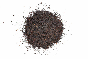 Dry black tea leaves  isolated on white background. Black Ceylon tea.
