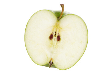 Half of ripe green apple isolated on white background.