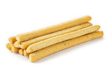 Traditional italian breadsticks isolated on white background. Grissini sticks.