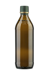 Olive oil bottle in closeup isolated on white background.