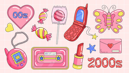 Trendy Y2K group of nostalgic retro objects, 2000s mobile phone, audio cassette, sweets and lollipops, gamepads, lipstick, hearts and butterfly.