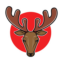Deer head with big antlers on red circle background. Vector illustration.