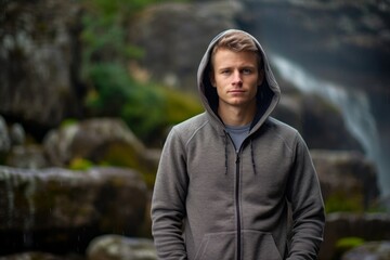 Medium shot portrait photography of a glad boy in his 30s wearing a cozy zip-up hoodie against a serene rock garden background. With generative AI technology