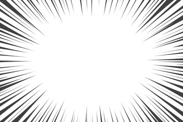 Comic manga radial lines with speed effect for comics book. Black and white explosion background. Flash ray blast glow. Vector frame.