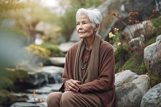 Conceptual portrait photography of a glad old woman wearing a cozy sweater against a serene rock garden background. With generative AI technology