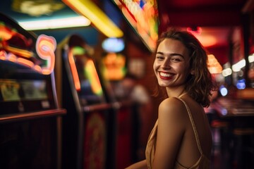 Fototapeta premium Lifestyle portrait photography of a satisfied girl in her 30s wearing an elegant long skirt against a lively comedy club background. With generative AI technology