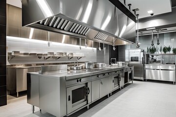 restaurant kitchen with sleek and stylish design, featuring modern appliances and stainless steel, created with generative ai - 604884815