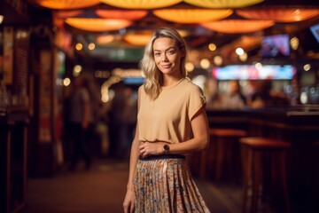 Lifestyle portrait photography of a satisfied girl in her 30s wearing an elegant long skirt against a lively comedy club background. With generative AI technology