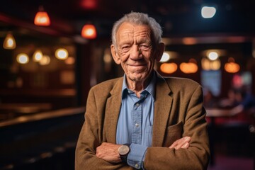Lifestyle portrait photography of a satisfied old man wearing an elegant long-sleeve shirt against a lively comedy club background. With generative AI technology