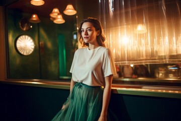 Obraz premium Lifestyle portrait photography of a satisfied girl in her 30s wearing an elegant long skirt against a lively comedy club background. With generative AI technology