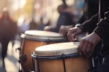 Fototapeta na wymiar Street musicians with drums close-up, beautiful blurred background. Generative AI