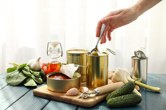 Canned Food In Blank Metal Jars, Concept Of Canned Food