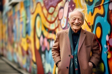 Obraz na płótnie Canvas Environmental portrait photography of a happy old man wearing a versatile overcoat against a vibrant street mural background. With generative AI technology