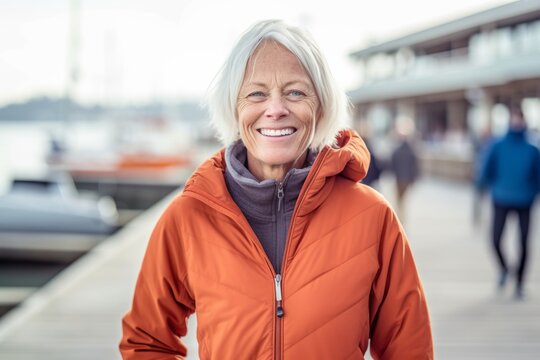 Environmental portrait photography of a happy mature woman wearing a cozy zip-up hoodie against a busy marina background. With generative AI technology