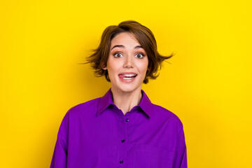 Photo of funky cheery girl worker silly facial expression sticking tongue wear elegant violet blouse isolated yellow color background