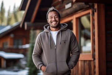 Environmental portrait photography of a happy boy in his 30s wearing a stylish hoodie against a cozy mountain lodge background. With generative AI technology