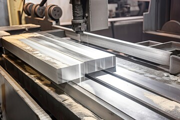 aluminum bar being cut to specified length for manufacturing process, created with generative ai