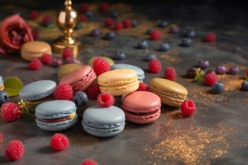 Tasty macaroons on a stone table with golden glitter. Super photo realistic background, generative ai illustration