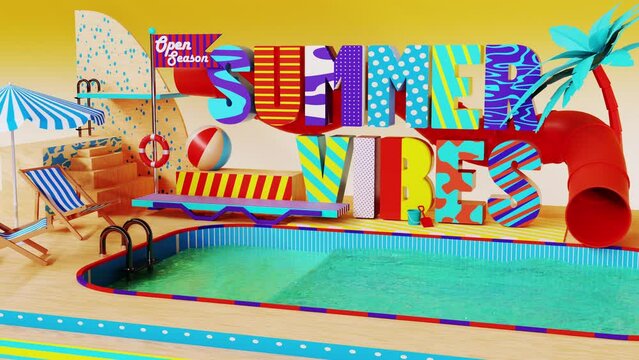 3d beatiful animation of a swimming pool with a water togoban, with summer vibes letters. Summer concept.