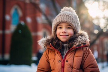Medium shot portrait photography of a tender kid female wearing a cozy winter coat against a bustling university campus background. With generative AI technology