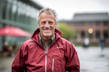 Lifestyle portrait photography of a happy mature man wearing a lightweight windbreaker against a bustling university campus background. With generative AI technology