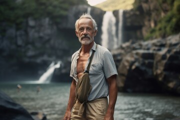 Fototapeta na wymiar Medium shot portrait photography of a glad mature man wearing breezy shorts against a picturesque waterfall background. With generative AI technology