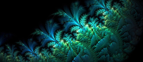 Fototapeta na wymiar An intricate spiral of fern leaves in turquoise, blue and green colors. Panoramic Generative AI illustration. Macro.