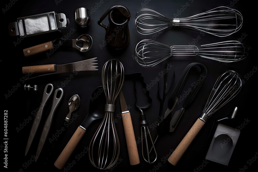 Wall mural baking tools and equipment on a black background for an elegant and professional look, created with generative ai