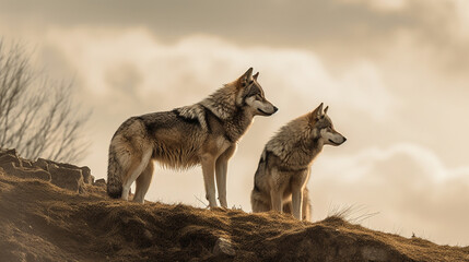 Fototapeta premium Two wolves standing on a hill with the sky in the background