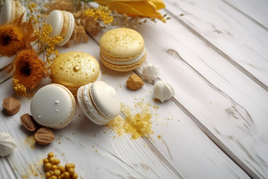 Tasty macaroons on a wooden table with golden glitter. Super photo realistic background, generative ai illustration