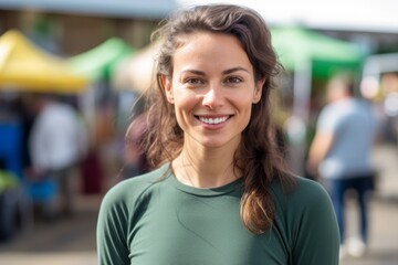 Close-up portrait photography of a satisfied girl in her 30s wearing soft sweatpants against a vibrant farmer's market background. With generative AI technology