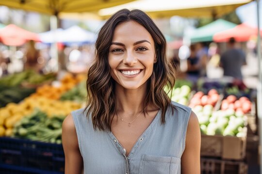 Medium shot portrait photography of a satisfied girl in her 30s wearing a sporty polo shirt against a vibrant farmer's market background. With generative AI technology