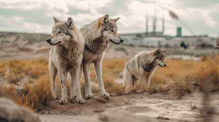 Two wolves standing on a hill with the sky in the background