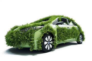 A car overgrown with plants. Green car and energy concept. generative ai