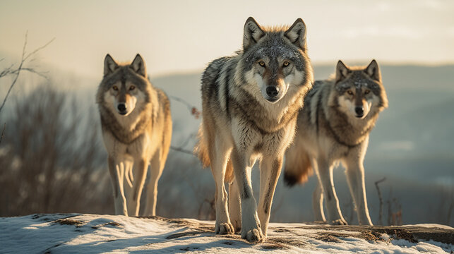 Two wolves standing on a hill with the sky in the background