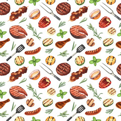 Watercolor seamless pattern barbecue. Elements for cooking bbq - grill, chicken and meat. Hand-drawn illustration isolated on white background. Perfect concept food menu, food drawing, design packing