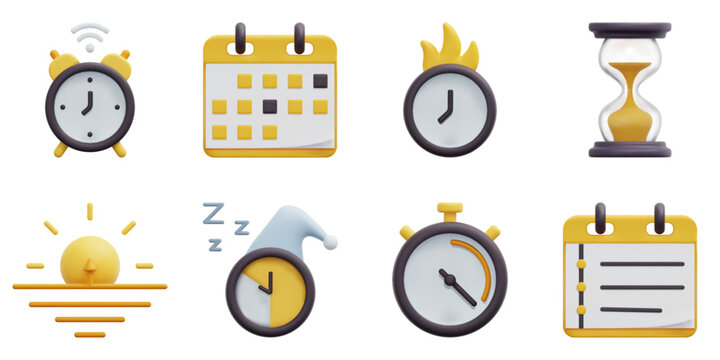 Time 3d vector icon set. Alarm clock, calendar, deadline, hourglass, morning, sleep, stopwatch, timeline. Isolated on white background. 3d icon vector render illustration.
