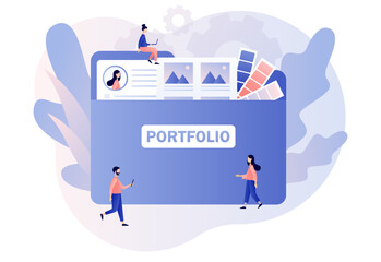 Fototapeta na wymiar Portfolio concept. Preview folder presentation artist, designer or photographer. Briefcase with work gallery and file collection. Modern flat cartoon style. Vector illustration on white background