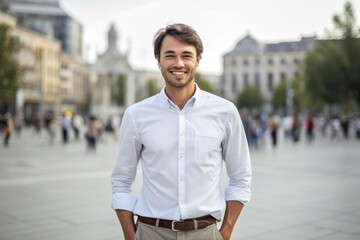 Medium shot portrait photography of a glad boy in his 30s wearing a classy button-up shirt against a bustling city square background. With generative AI technology