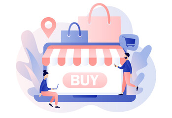 Online shopping store. Sale, product order and delivery of goods. Tiny people place orders on website. Business marketing. Modern flat cartoon style. Vector illustration on white background