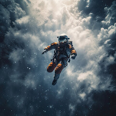 Fototapeta na wymiar An Astronaut floats alone through the clouds falling from space towards earth, succumbing to gravity