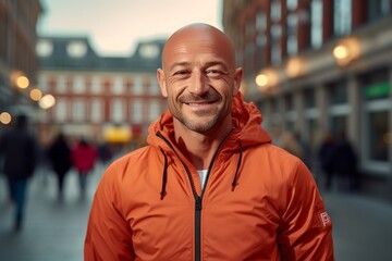 Fototapeta premium Medium shot portrait photography of a grinning mature man wearing a comfortable tracksuit against a bustling city square background. With generative AI technology