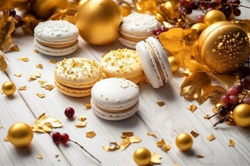 Tasty macaroons on a wooden table with golden glitter. Super photo realistic background, generative ai illustration