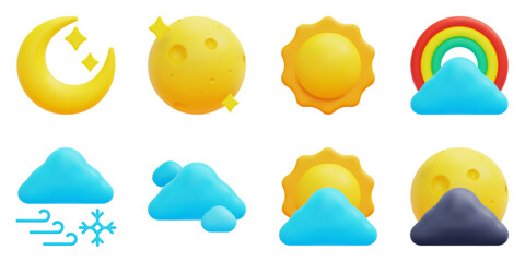 Weather 3d vector icon set. Crescent moon, full moon, sun, rainbow, blizzard, cloud, cloudy day, cloudy night. Isolated on white background. 3d icon vector render illustration.