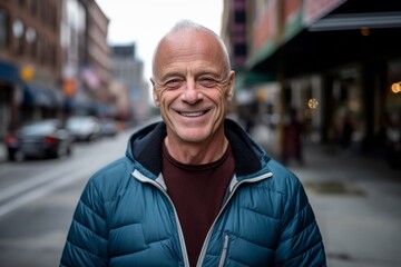 Obraz premium Environmental portrait photography of a grinning mature man wearing a comfortable tracksuit against a lively downtown street background. With generative AI technology