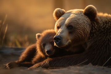 Fototapeta premium Mother bear cuddling tiny bear child