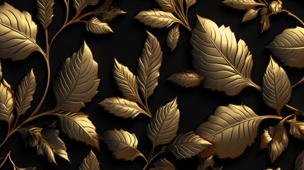 gold seamless texture with leaves pattern on Black Background