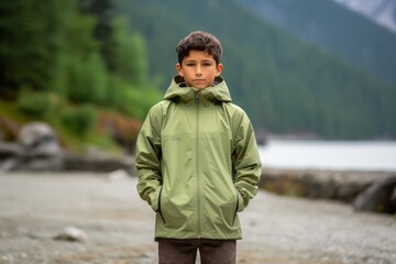 Full-length portrait photography of a glad kid male wearing a lightweight windbreaker against a scenic hot springs background. With generative AI technology