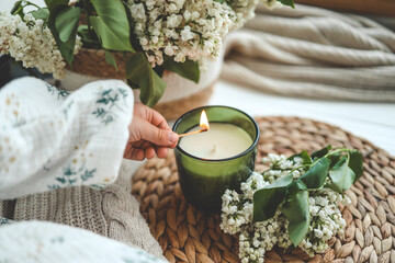Match in hand lighting candles, aesthetics