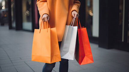Happy shopping Unrecognizable woman holding multicolor shopping bags